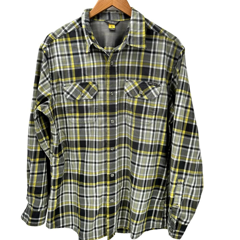 Eddie Bauer‎ Flannel Shirt Mens Large Travex Button Up Long Sleeve Gray Yellow